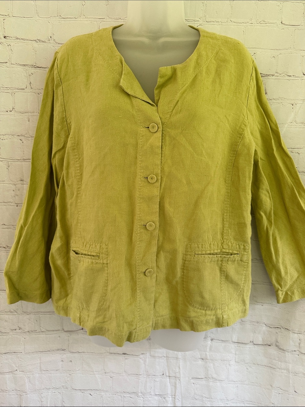 Eileen Fisher 100% Irish Linen Lime Green Button-Front Lightweight Jacket
